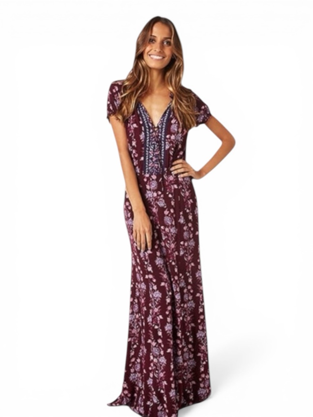 Tigerlily Burgundy Floral Bias Cut Maxi Dress Front Tie Boho Size 4